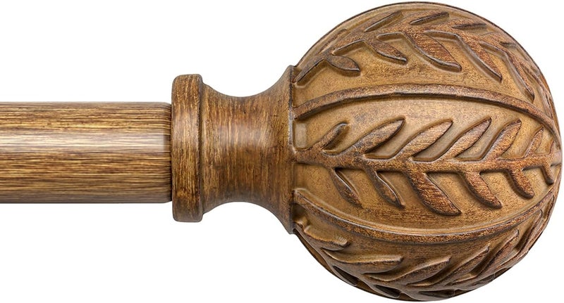 QDWIS Wood Curtain Rods for Windows 28 to 48 Inch, 1'' Adjustable Decorative Drapery Rods with Imitation Wood Grain Leaf Pattern Finials, Boho Heavy Duty Window Curtain Rods Set 18''-60'' - Image 1